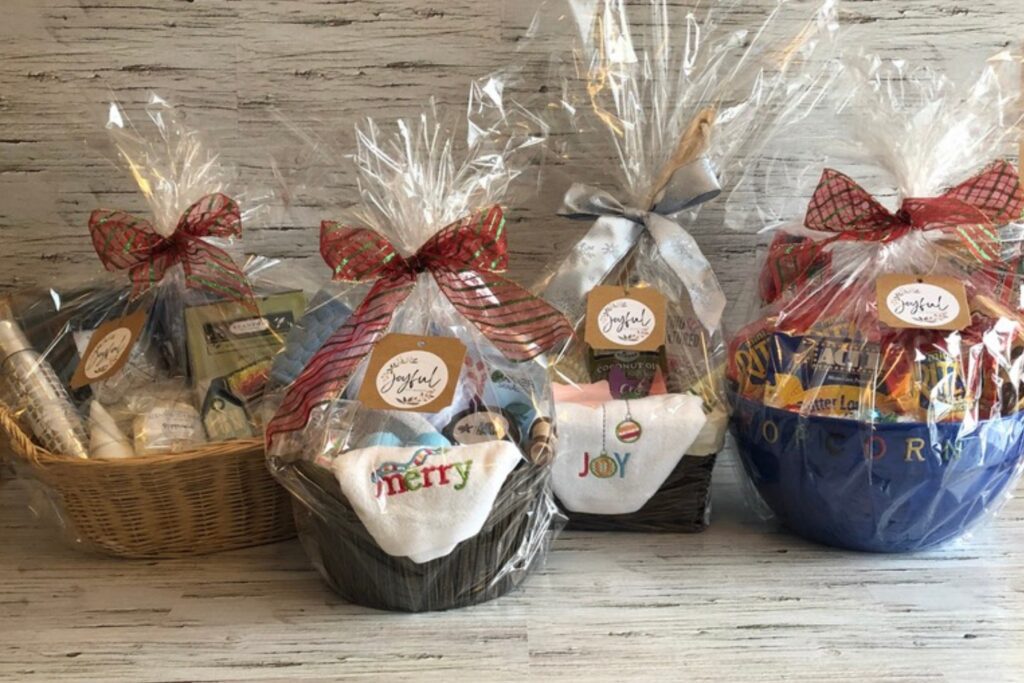 A group of baskets filled with different types of food.