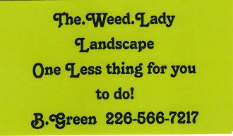 A business card for the weed lady landscape.