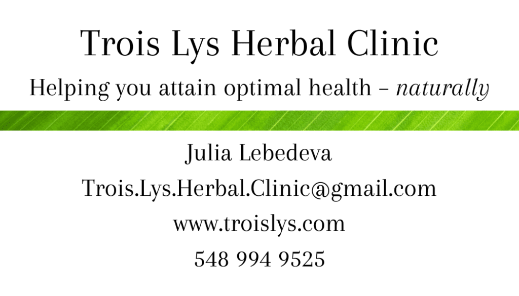 A business card for the trois lys herbal clinic.